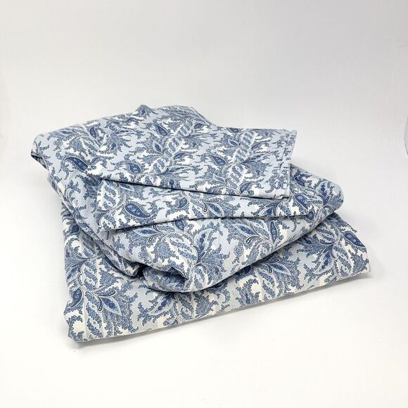 Ralph Lauren Striped Paisley Blue Full/double Sheet Set Flat Fitted Pillowcases - Picture 1 of 6